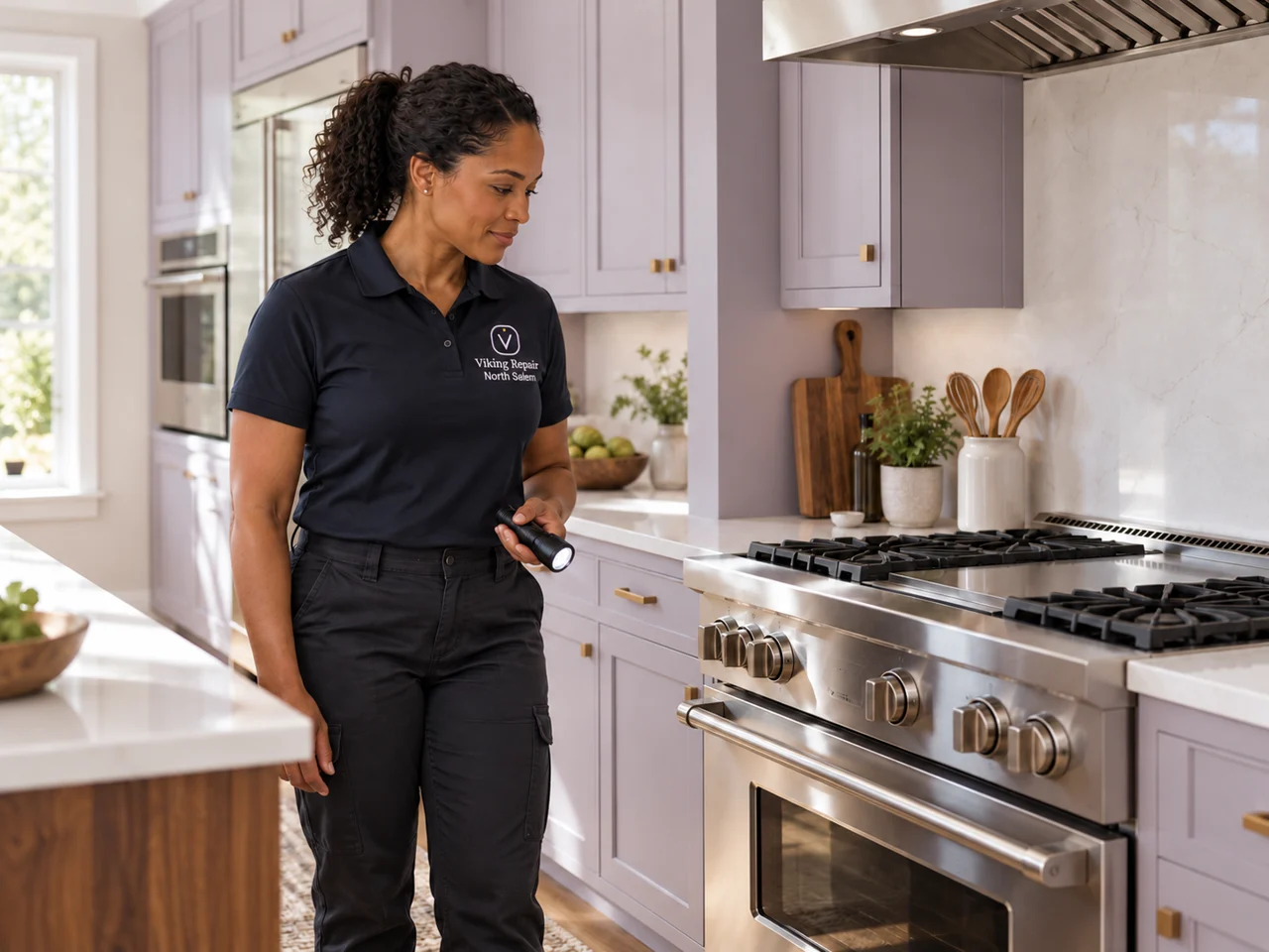 Illustration of a technician wearing the Viking Repair North Salem logo beside a Viking range